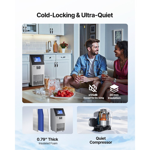 Επαγγελματική παγομηχανή VEVOR, 54,43 kg/24h με χωρητικότητα 12,7 kg, 45 κύβοι ανά κύκλο, Ανοξείδωτη, Ανεξάρτητη & Κάτω από τον Πάγκο, Παγομηχανή με Οθόνη LED & Αυτοκαθαριζόμενο, για Μπαρ/Εστιατόριο