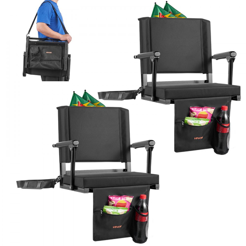 Κάθισμα Σταδίου VEVOR, Φορητό Κάθισμα Κερκέδας με Υποβραχιόνιο, Στήριγμα Πλάτης και Χοντρό Μαξιλάρι, Πολυθρόνα Πάγκου για Κερκέδα που Περιλαμβάνει Ιμάντα Ώμου, Γάντζους, Θήκη Ποτηριού, Μαύρα Καθίσματα Κερκέδας Ποδοσφαίρου, 2 Τεμάχια