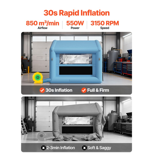 Φουσκωτός θάλαμος βαφής VEVOR, 3 x 2,5 x 2,5 m, Φουσκωτός θάλαμος ψεκασμού με ισχυρό φυσητήρα 550W και σύστημα φίλτρου αέρα, Τριγωνική οροφή, για βαφή ποδηλάτου, μοτοσικλέτας, λαμαρίνας αυτοκινήτου