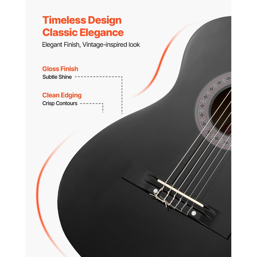 Κλασική κιθάρα VEVOR, 960 mm, Ξύλινο κιτ εκκίνησης κλασικής κιθάρας για αρχάριους, με χορδές νάιλον, τσάντα συναυλιών, λουράκι, κουρδιστήρι, επιπλέον χορδές, πένες, καποτάτο, ξύλο μπάσου, για εφήβους και ενήλικες, μαθητές, μαύρο