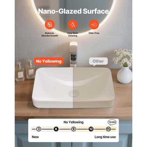 Νιπτήρας μπάνιου VEVOR ημι-εντοιχιζόμενος, ορθογώνιος λευκός κεραμικός νιπτήρας 490 x 305 mm με οπή αποστράγγισης 45 mm, μοντέρνος νιπτήρας μπάνιου με εντοιχισμό, ορθογώνιος για μικρό μπάνιο