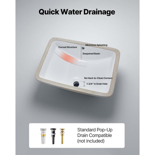Νιπτήρας μπάνιου VEVOR Υποστηριζόμενος, Ορθογώνιος λευκός κεραμικός νιπτήρας 530 x 375 mm με οπή υπερχείλισης, Μοντέρνος νιπτήρας μπάνιου με δυνατότητα τοποθέτησης κάτω από τον πάγκο, Ορθογώνιος για μικρό χώρο