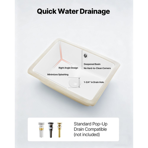 Νιπτήρας μπάνιου VEVOR Υποστηριζόμενος, Ορθογώνιος λευκός κεραμικός νιπτήρας 400 x 305 mm με οπή υπερχείλισης, Μοντέρνος νιπτήρας μπάνιου με δυνατότητα τοποθέτησης κάτω από τον πάγκο, Ορθογώνιος για μικρό χώρο