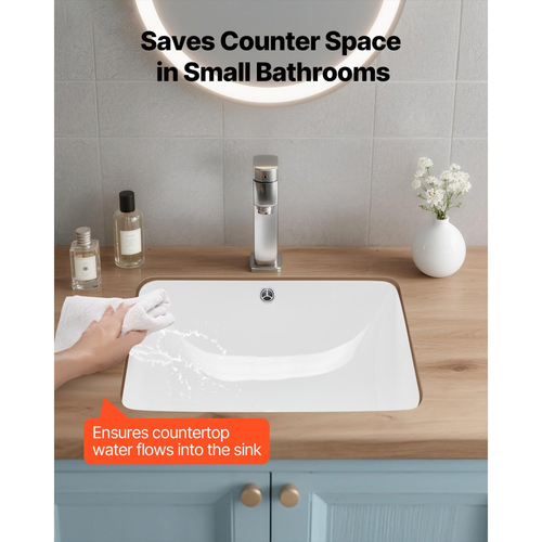 Νιπτήρας μπάνιου VEVOR Υποστηριζόμενος, Ορθογώνιος λευκός κεραμικός νιπτήρας 515 x 385 mm με οπή υπερχείλισης, Μοντέρνος νιπτήρας μπάνιου με δυνατότητα τοποθέτησης κάτω από τον πάγκο, Ορθογώνιος για μικρό χώρο