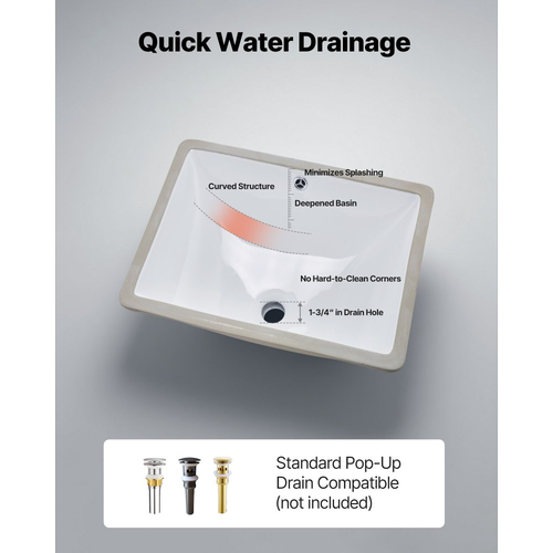 Νιπτήρας μπάνιου VEVOR Υποστηριζόμενος, Ορθογώνιος λευκός κεραμικός νιπτήρας 515 x 385 mm με οπή υπερχείλισης, Μοντέρνος νιπτήρας μπάνιου με δυνατότητα τοποθέτησης κάτω από τον πάγκο, Ορθογώνιος για μικρό χώρο