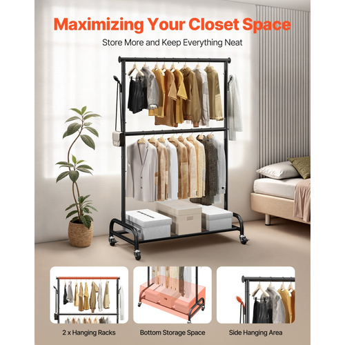 Ράφι ρούχων VEVOR, Ράφι ρούχων με ρυθμιζόμενη εγκάρσια ράβδο και πλαϊνούς γάντζους, χωρητικότητα φορτίου 68 kg, Ράφι ρούχων βαρέως τύπου από ανθρακούχο χάλυβα με ρόδες για υπνοδωμάτιο, πλυντήριο, σαλόνι