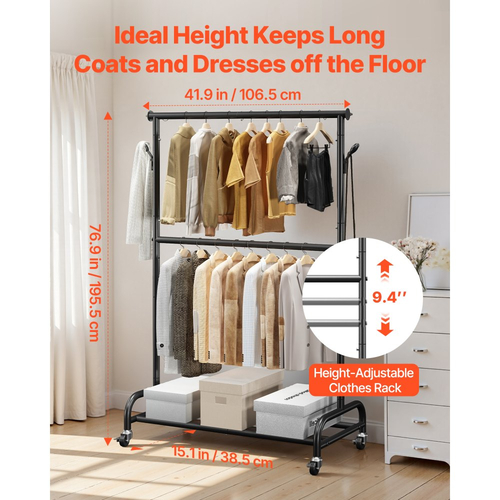 Ράφι ρούχων VEVOR, Ράφι ρούχων με ρυθμιζόμενη εγκάρσια ράβδο και πλαϊνούς γάντζους, χωρητικότητα φορτίου 68 kg, Ράφι ρούχων βαρέως τύπου από ανθρακούχο χάλυβα με ρόδες για υπνοδωμάτιο, πλυντήριο, σαλόνι