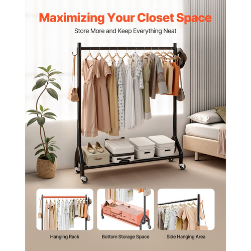 Ράφι ρούχων VEVOR, Ράφι ρούχων με κρεμαστή ράβδο και πλαϊνούς γάντζους, Χωρητικότητα φορτίου 90 kg, Ράφι ρούχων από ανθρακούχο χάλυβα βαρέως τύπου με ρόδες, Ιδανικό για υπνοδωμάτιο, πλυντήριο, σαλόνι