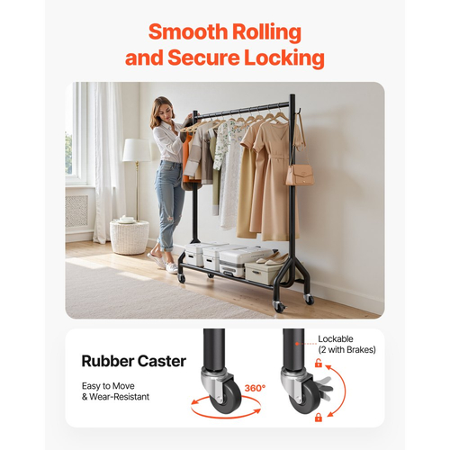 Ράφι ρούχων VEVOR, Ράφι ρούχων με κρεμαστή ράβδο και πλαϊνούς γάντζους, Χωρητικότητα φορτίου 90 kg, Ράφι ρούχων από ανθρακούχο χάλυβα βαρέως τύπου με ρόδες, Ιδανικό για υπνοδωμάτιο, πλυντήριο, σαλόνι