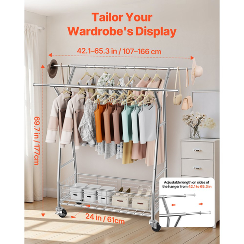 Ράφι ρούχων VEVOR, Ράφι ρούχων με 2 κρεμάστρες και καλάθι αποθήκευσης, χωρητικότητα φορτίου 150 kg, επεκτάσιμες ράφιες ρούχων από ανθρακούχο χάλυβα με ρόδες για υπνοδωμάτιο, πλυντήριο, σαλόνι