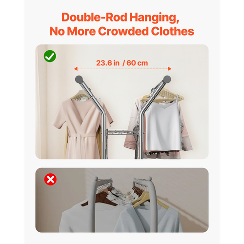 Ράφι ρούχων VEVOR, Ράφι ρούχων με 2 κρεμάστρες και 2 ράφια αποθήκευσης, χωρητικότητα φορτίου 120 kg, ρυθμιζόμενο ύψος, ράφια ρούχων από ανθρακούχο χάλυβα για υπνοδωμάτιο, πλυντήριο, σαλόνι