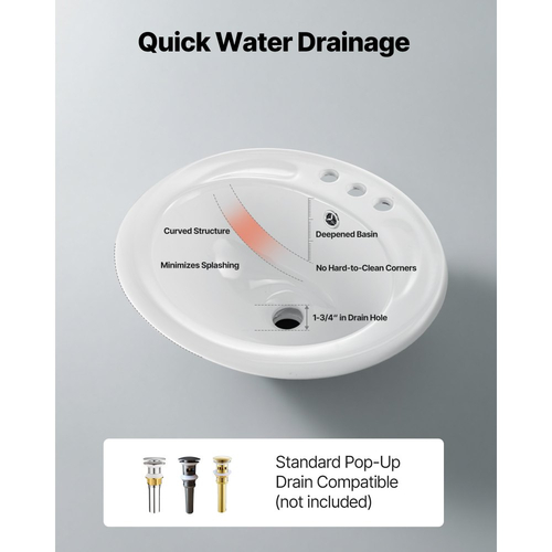 Ημιενθετικός Νιπτήρας Μπάνιου VEVOR, Οβάλ Λευκός Κεραμικός Νιπτήρας 485 x 425 mm με Οπή Υπερχείλισης και 3 Οπές Βρύσης, Μοντέρνος Νιπτήρας Μπάνιου με Εντοιχισμό για Μικρούς Χώρους Μπάνιου