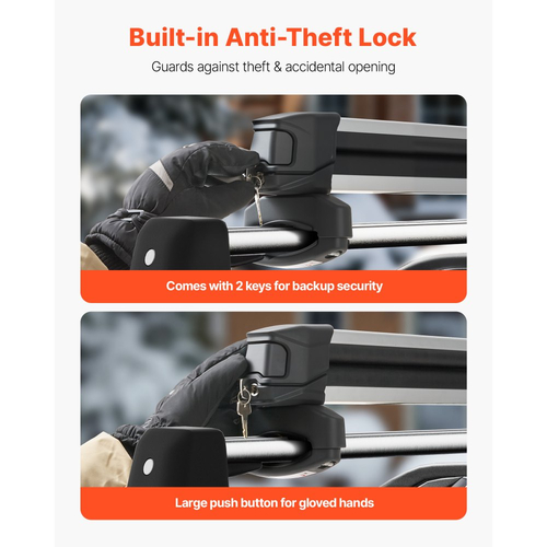 Βάση οροφής VEVOR για σκι και σνόουμπορντ, Χωρητικότητα έως 4 ζεύγη σκι ή 2 σνόουμπορντ, 2 τεμάχια βάση οροφής αυτοκινήτου αλουμινίου γενικής χρήσης με κλειδαριά και επένδυση από καουτσούκ, Βάση για καλάμι ψαρέματος, Ταιριάζει στις περισσότερες εγκάρσιες ράβδους