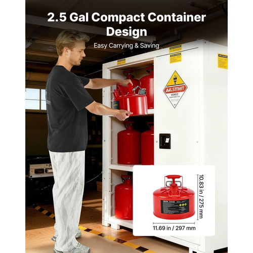 Δοχείο αερίου ασφαλείας VEVOR, κόκκινο δοχείο ασφαλείας βενζίνης 9,5 λίτρων τύπου II με φλογοπαγίδα από ανοξείδωτο ατσάλι, αυτοκλειόμενο καπάκι και εύκαμπτο μεταλλικό στόμιο, εύφλεκτη αποθήκευση από ανθρακούχο χάλυβα με εργονομική λαβή