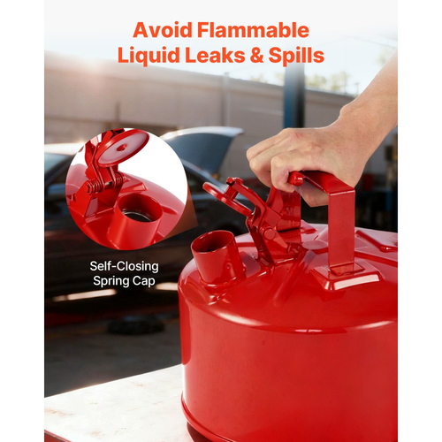 Δοχείο αερίου ασφαλείας VEVOR, κόκκινο δοχείο ασφαλείας βενζίνης 9,5 λίτρων τύπου Ι με φλογοπαγίδα από ανοξείδωτο ατσάλι, αυτοκλειόμενο καπάκι και χωνί PE, εύφλεκτο δοχείο αποθήκευσης από ανθρακούχο χάλυβα με εργονομική λαβή
