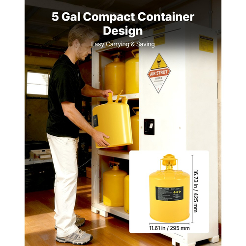 Δοχείο ασφαλείας VEVOR, κίτρινο δοχείο ασφαλείας τύπου I 19 λίτρων για ντίζελ με φλογοπαγίδα από ανοξείδωτο ατσάλι, αυτοκλειόμενο καπάκι και χωνί PE, δοχείο αποθήκευσης εύφλεκτου καυσίμου από ανθρακούχο χάλυβα με εργονομική λαβή