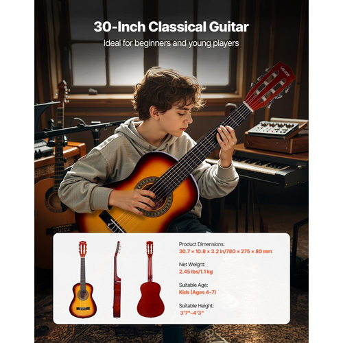 Κλασική κιθάρα VEVOR, 780 mm, Ξύλινο κιτ εκκίνησης κλασικής κιθάρας για αρχάριους, με χορδές νάιλον, τσάντα συναυλιών, λουράκι, κουρδιστήρι, επιπλέον χορδές, πένες, καποτάτο, ξύλο μπάσου, για παιδιά κορίτσια αγόρια μαθητές, Sunburst