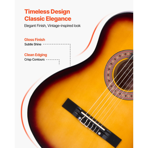 Κλασική κιθάρα VEVOR, 960 mm, Ξύλινο κιτ εκκίνησης κλασικής κιθάρας για αρχάριους, με χορδές νάιλον, τσάντα συναυλιών, λουράκι, κουρδιστήρι, επιπλέον χορδές, πένα, καποτάτο, ξύλο μπάσου, για εφήβους και ενήλικες, μαθητές, Sunburst