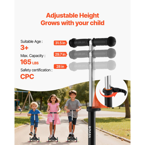 Πατίνι VEVOR για παιδιά ηλικίας 3+ ετών, τρίτροχο πατίνι για νήπια με φωτιζόμενους τροχούς, ρυθμιζόμενο ύψος τιμονιού, φαρδύ αντιολισθητικό δάπεδο, ελαφρύ πλαίσιο αλουμινίου για αγόρια και κορίτσια έως 74,8 kg, μαύρο