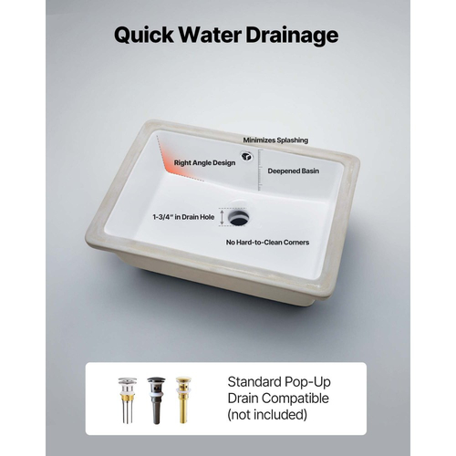 Νιπτήρας μπάνιου VEVOR Υποστηριζόμενος, Ορθογώνιος λευκός κεραμικός νιπτήρας 470 x 335 mm με οπή υπερχείλισης, Μοντέρνος νιπτήρας μπάνιου με δυνατότητα τοποθέτησης κάτω από τον πάγκο, Ορθογώνιος για μικρό χώρο