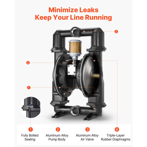 Αεροκίνητη αντλία διπλού διαφράγματος VEVOR, μέγιστη 598,09 LPM, τυπική αντλία μεταφοράς χρησιμοποιημένων λαδιών εισόδου και εξόδου, σώμα από κράμα αλουμινίου, διπλά διαφράγματα, για ντίζελ, γράσο, κηροζίνη, βενζίνη