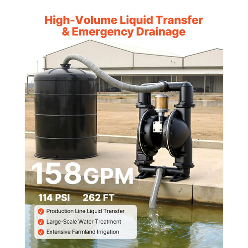 Αεροκίνητη αντλία διπλού διαφράγματος VEVOR, μέγιστη 598,09 LPM, τυπική αντλία μεταφοράς χρησιμοποιημένων λαδιών εισόδου και εξόδου, σώμα από κράμα αλουμινίου, διπλά διαφράγματα, για ντίζελ, γράσο, κηροζίνη, βενζίνη