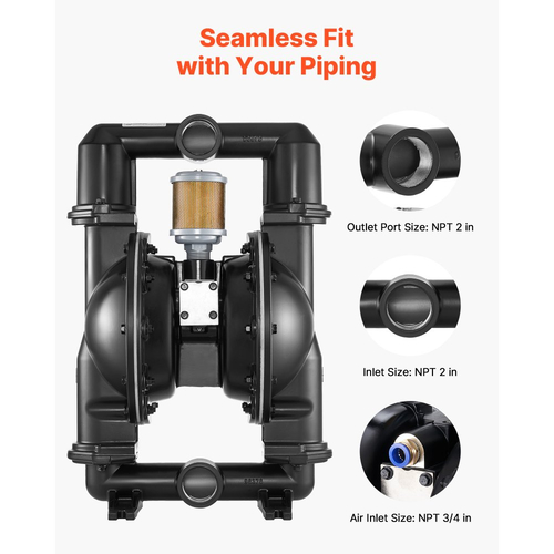 Αεροκίνητη αντλία διπλού διαφράγματος VEVOR, μέγιστη 598,09 LPM, τυπική αντλία μεταφοράς χρησιμοποιημένων λαδιών εισόδου και εξόδου, σώμα από κράμα αλουμινίου, διπλά διαφράγματα, για ντίζελ, γράσο, κηροζίνη, βενζίνη