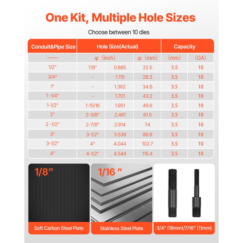 Σετ τρυπητήρων VEVOR, Σετ υδραυλικών τρυπητήρων 147,1 kN, Σετ εργαλείων KO 12,7 έως 101,6 mm για τρύπες, Σετ εργαλείων KO με 10 μήτρες για μεταλλικό ηλεκτρικό πίνακα, ηλεκτρικό πίνακα ελέγχου, πίνακα διακοπτών