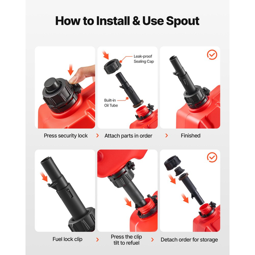 Δοχείο καυσίμου VEVOR, 5 λίτρων, Δοχείο βενζίνης με στόμιο και κλειδώσιμο βραχίονα, μέγιστη παροχή 15 λίτρα/λεπτό, ασφαλές και στεγανό, φορητό επίπεδο δοχείο υγρού για τα περισσότερα αυτοκίνητα, μοτοσικλέτες, ATV, UTV, κόκκινο