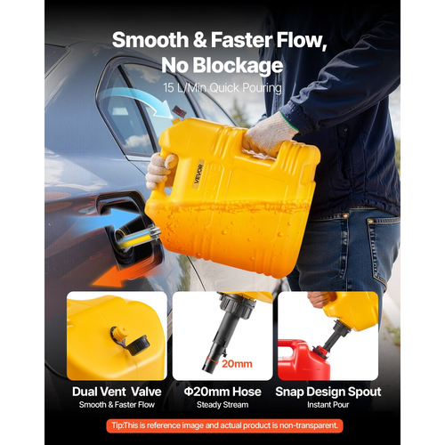 Δοχείο καυσίμου VEVOR, 19 λίτρων, Δεξαμενή βενζίνης με στόμιο και διαφανή ζυγαριά, μέγιστη παροχή 15 λίτρα/λεπτό, ασφαλές και στεγανό, φορητό επίπεδο δοχείο υγρού για τα περισσότερα αυτοκίνητα, μοτοσικλέτες, SUV, ATV, UTV, κίτρινο, 1 τεμάχιο