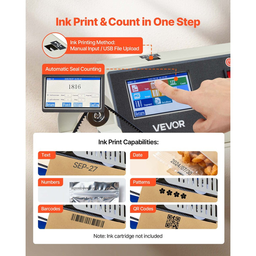 Μηχανή συνεχούς σφράγισης ταινιών σακουλών VEVOR, πλάτος σφράγισης 6-12 mm, οριζόντια μηχανή σφράγισης ταινιών με εκτύπωση με μελάνι, ρυθμιζόμενη θερμοκρασία και ταχύτητα, εμπορική μηχανή θερμικής σφράγισης για πλαστικές σακούλες 0,03-0,8 mm