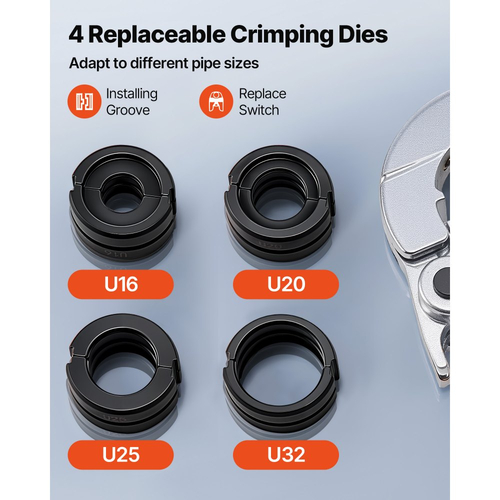 Εργαλείο πτύχωσης υδραυλικών σωλήνων VEVOR, πτύχωση εξαρτημάτων σωλήνων PEX και αλουμινίου-πλαστικού με σιαγόνες U16 U20 U25 U32 και θήκη μεταφοράς, κιτ εργαλείων πτύχωσης για υδραυλικές επισκευές και εγκαταστάσεις