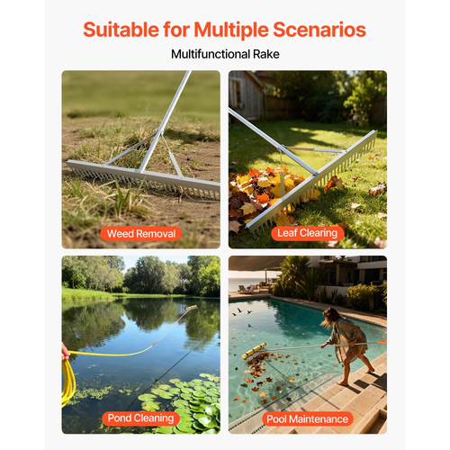 Τσουγκράνα τοπίου VEVOR, Κεφαλή πλάτους 914 mm, λαβή 2590 mm, Μεγάλο εργαλείο τσουγκράνας φύλλων αλουμινίου βαρέως τύπου, Επίπεδο ασφάλτου για χαλάρωση εδάφους, κήπος & αυλή, φροντίδα γκαζόν για χαλίκια λιμνών & παραλία, σχοινί 15,8 m