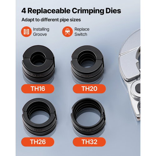 Εργαλείο πτύχωσης υδραυλικών σωλήνων VEVOR, πτύχωση εξαρτημάτων σωλήνων PEX και αλουμινίου-πλαστικού με σιαγόνες TH16 TH20 TH26 TH32 και θήκη μεταφοράς, κιτ εργαλείων πτύχωσης για υδραυλικές επισκευές και εγκαταστάσεις