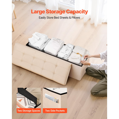 Πτυσσόμενος πάγκος οθωμανικής αποθήκευσης VEVOR, πάγκος στο τέλος του κρεβατιού με πλευρικές τσάντες, πτυσσόμενο ταπετσαρισμένο στήθος αποθήκευσης που υποστηρίζει 660 λίβρες, οθωμανικό κρεβάτι από λινό με μεγάλο χώρο για σαλόνι, υπνοδωμάτιο, είσοδο, μπεζ