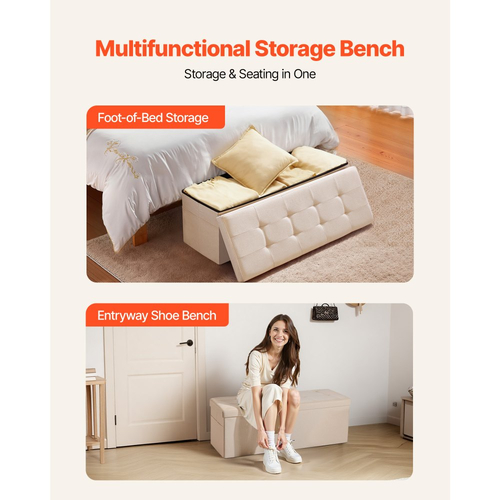 Πτυσσόμενος πάγκος οθωμανικής αποθήκευσης VEVOR, πάγκος στο τέλος του κρεβατιού με πλευρικές τσάντες, πτυσσόμενο ταπετσαρισμένο στήθος αποθήκευσης που υποστηρίζει 660 λίβρες, οθωμανικό κρεβάτι από λινό με μεγάλο χώρο για σαλόνι, υπνοδωμάτιο, είσοδο, μπεζ