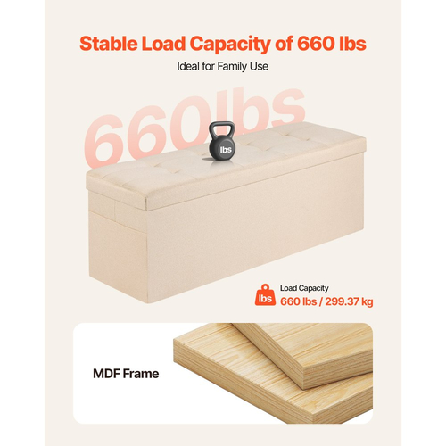 Πτυσσόμενος πάγκος οθωμανικής αποθήκευσης VEVOR, πάγκος στο τέλος του κρεβατιού με πλευρικές τσάντες, πτυσσόμενο ταπετσαρισμένο στήθος αποθήκευσης που υποστηρίζει 660 λίβρες, οθωμανικό κρεβάτι από λινό με μεγάλο χώρο για σαλόνι, υπνοδωμάτιο, είσοδο, μπεζ