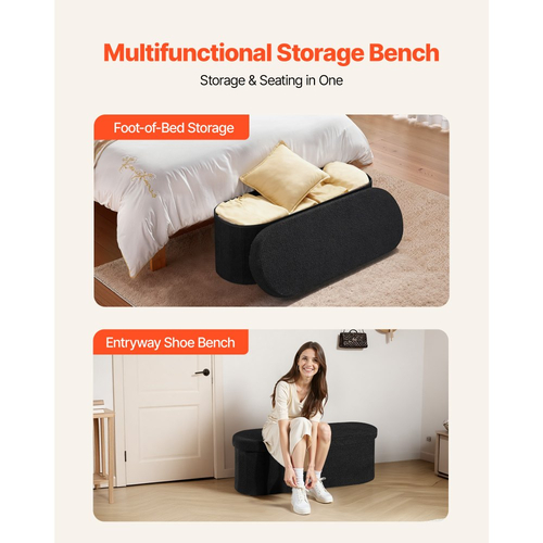 Οβάλ πάγκος οθωμανικής αποθήκευσης VEVOR, πτυσσόμενος πάγκος κρεβατιού από φλις, πτυσσόμενο συρτάρι οθωμανικής αποθήκευσης με ταπετσαρία για κρεβάτι με μεγάλο αποθηκευτικό χώρο, υποστηρίζει 660 λίβρες, για σαλόνι, υπνοδωμάτιο, είσοδο, μαύρο
