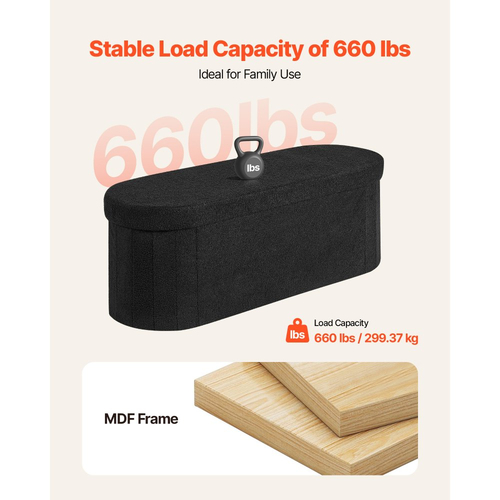 Οβάλ πάγκος οθωμανικής αποθήκευσης VEVOR, πτυσσόμενος πάγκος κρεβατιού από φλις, πτυσσόμενο συρτάρι οθωμανικής αποθήκευσης με ταπετσαρία για κρεβάτι με μεγάλο αποθηκευτικό χώρο, υποστηρίζει 660 λίβρες, για σαλόνι, υπνοδωμάτιο, είσοδο, μαύρο