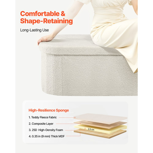 Οβάλ πάγκος οθωμανικής αποθήκευσης VEVOR, πτυσσόμενος πάγκος κρεβατιού από φλις, πτυσσόμενο συρτάρι οθωμανικής καρέκλας με ταπετσαρία και μεγάλο χώρο αποθήκευσης, υποστηρίζει 660 λίβρες, για σαλόνι, υπνοδωμάτιο, είσοδο, μπεζ