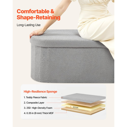 Οβάλ πάγκος οθωμανικής αποθήκευσης VEVOR, πτυσσόμενος πάγκος κρεβατιού από φλις αρκουδάκι, πτυσσόμενο συρτάρι οθωμανικής με ταπετσαρία για κρεβάτι με μεγάλο αποθηκευτικό χώρο, υποστηρίζει 660 λίβρες, για σαλόνι, υπνοδωμάτιο, είσοδο, γκρι