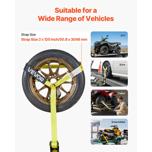 Κιτ πρόσδεσης τάκου τροχού VEVOR, σύστημα πρόσδεσης μοτοσικλέτας τύπου ελαστικού, κιτ πρόσδεσης αυτοκινήτου με επίπεδο γάντζο, αντοχή σε θραύση 4540 kg & φορτίο εργασίας 1512 kg, ιμάντας πρόσδεσης τρέιλερ για ATV, SUV, ρυμουλκούμενα
