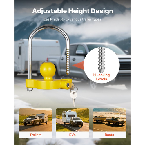 Κιτ κλειδώματος ρυμούλκησης VEVOR, Κατάλληλο για ζεύκτες 46 mm, 50,8 mm, 58,7 mm, Ανθεκτική αντικλεπτική κλειδαριά ρυμούλκησης με κλειδιά, Ανθεκτική σε ανοίγματα, Σχεδιασμός ρυθμιζόμενου ύψους για τροχόσπιτα, σκάφη, ρυμουλκούμενα