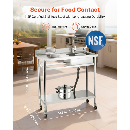 Νιπτήρας κουζίνας VEVOR από ανοξείδωτο χάλυβα, κυλιόμενος μονός μπολ επαγγελματικής κουζίνας με ρόδες, βρύση και σωλήνα ζεστού και κρύου νερού, πάγκος εργασίας νιπτήρα για πλυντήριο ρούχων εστιατορίου γκαράζ 1000 x 500 x 1055mm