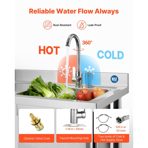Νιπτήρας κουζίνας VEVOR από ανοξείδωτο χάλυβα, κυλιόμενος μονός μπολ επαγγελματικής κουζίνας με ρόδες, βρύση και σωλήνα ζεστού και κρύου νερού, πάγκος εργασίας νιπτήρα για πλυντήριο ρούχων εστιατορίου γκαράζ 1000 x 500 x 1055mm