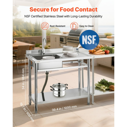 Νιπτήρας κουζίνας VEVOR από ανοξείδωτο χάλυβα, ελεύθερος επαγγελματικός νεροχύτης κουζίνας με μία λεκάνη και βρύση, 1000 x 500 x 940 mm, νιπτήρας δεξιάς τοποθέτησης με σωλήνα ζεστού και κρύου νερού για γκαράζ, εστιατόριο, πλυντήριο