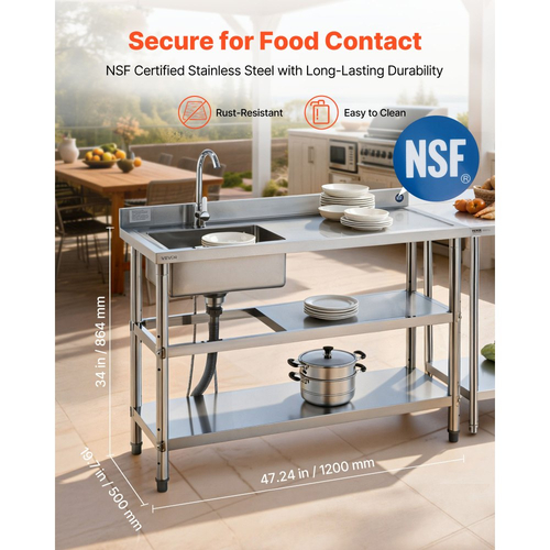 Νεροχύτης κουζίνας VEVOR από ανοξείδωτο χάλυβα, ελεύθερος επαγγελματικός νεροχύτης κουζίνας με μία λεκάνη, βρύση και σωλήνα ζεστού και κρύου νερού, διπλά ράφια αποθήκευσης για γκαράζ, εστιατόριο, πλυντήριο, 1200 x 500 x 940 mm
