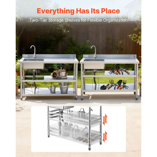 Νεροχύτης κουζίνας VEVOR από ανοξείδωτο χάλυβα, ελεύθερος επαγγελματικός νεροχύτης κουζίνας με μία λεκάνη, βρύση και σωλήνα ζεστού και κρύου νερού, διπλά ράφια αποθήκευσης για γκαράζ, εστιατόριο, πλυντήριο, 1200 x 500 x 940 mm