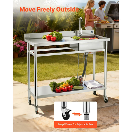 Νιπτήρας κουζίνας VEVOR από ανοξείδωτο χάλυβα, κυλιόμενος μονός μπολ επαγγελματικής κουζίνας με ρόδες, βρύση και σωλήνα ζεστού και κρύου νερού, πάγκος εργασίας νιπτήρα για πλυντήριο ρούχων γκαράζ εστιατορίου 1200 x 500 x 1055mm