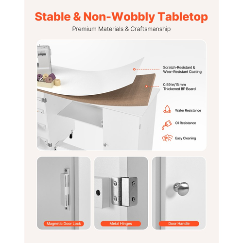 Πτυσσόμενο τραπέζι ραπτικής VEVOR, τραπέζι πολλαπλών χρήσεων ραπτομηχανής με ντουλάπι, συμπαγής σχεδιασμός, ρόδες, ξύλινα μανταλάκια, δίσκοι αποθήκευσης και ράφι, μαγνητική πόρτα, σταθμός χειροτεχνίας και βοηθητικό γραφείο για το σπίτι, λευκό